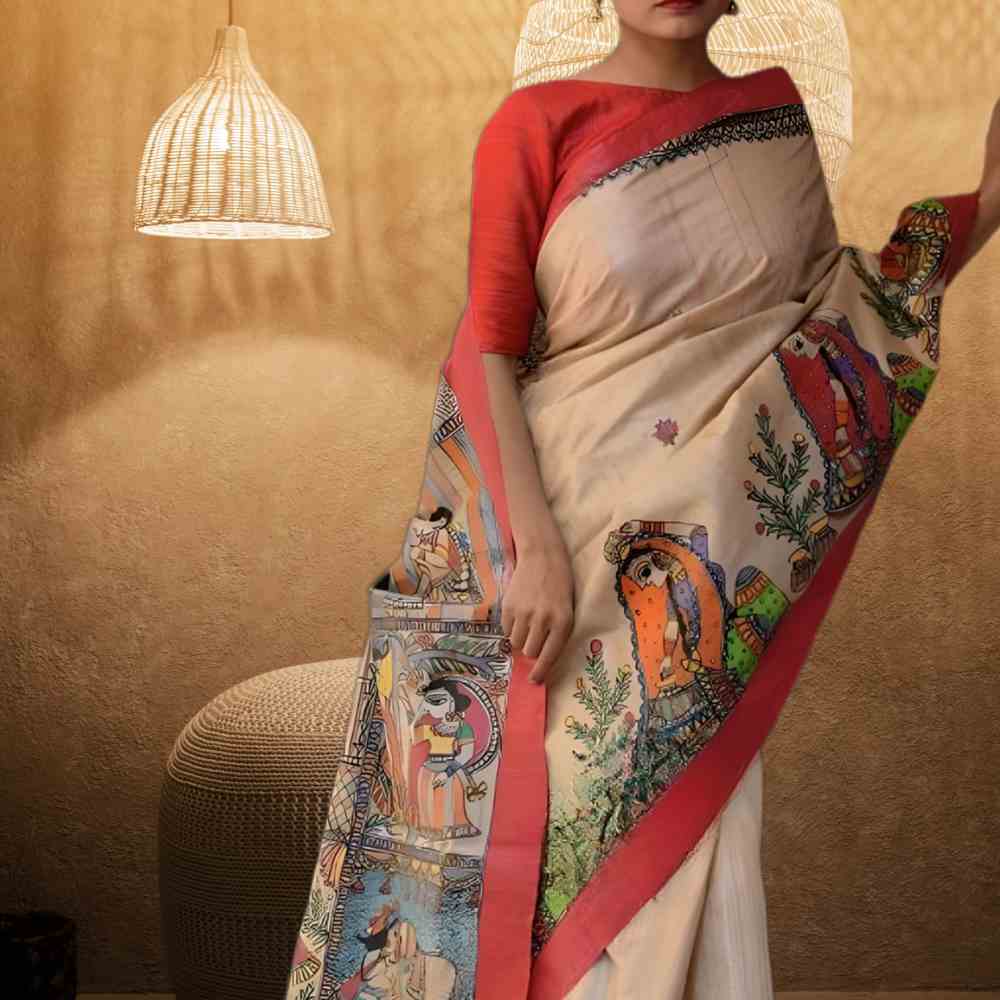 Tussar Saree with Madhubani Bride, Doli, and Kaahar Painting